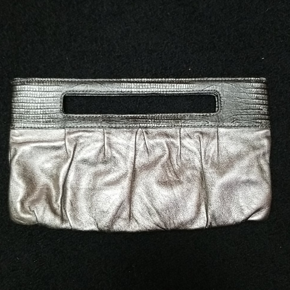 BCBG large genuine leather clutch 11" x 6" Metallic SILVER